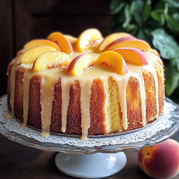 A cake with peaches on top.
