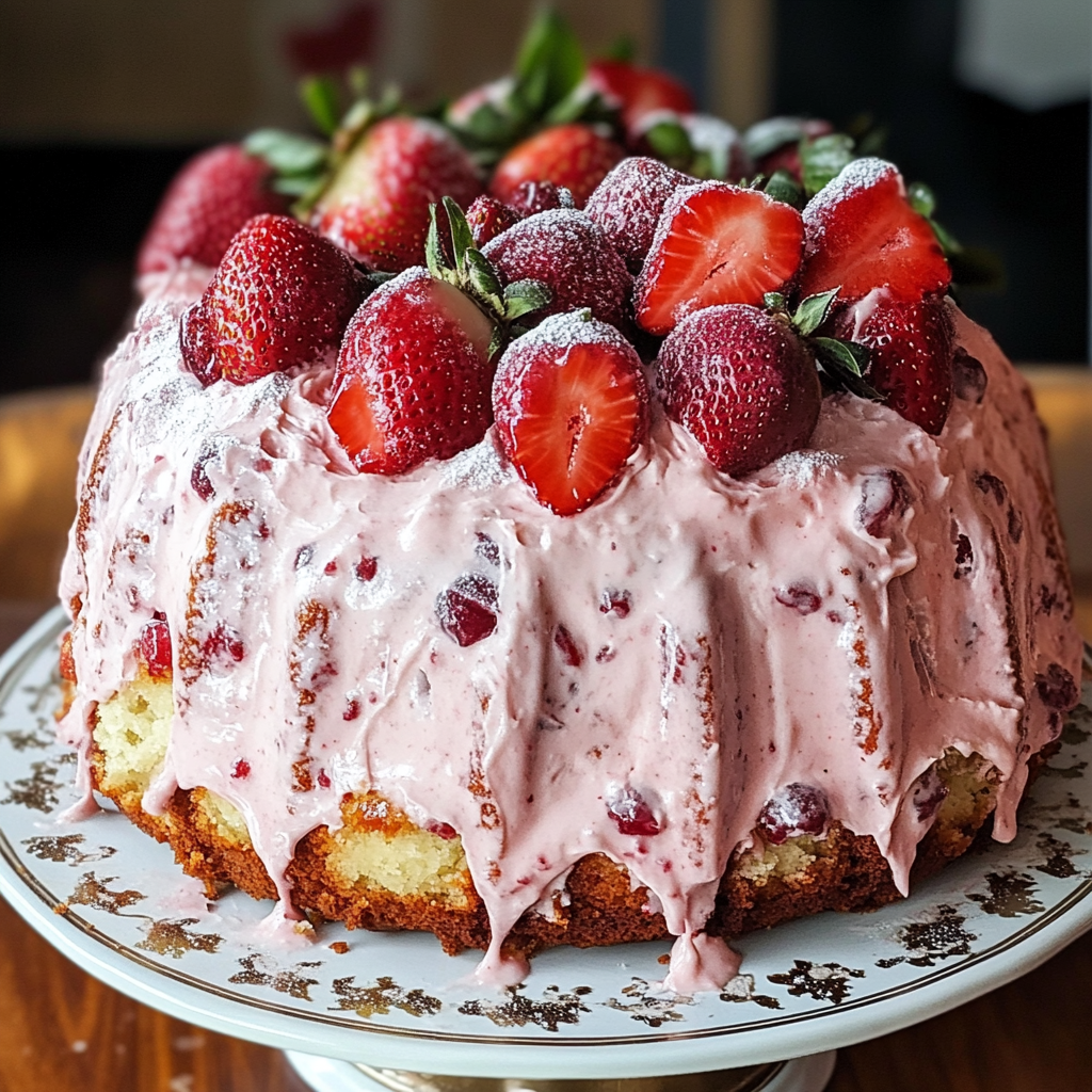 A cake with strawberries and whipped cream.