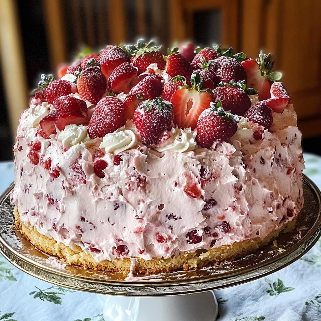 A cake with strawberries and whipped cream on top.