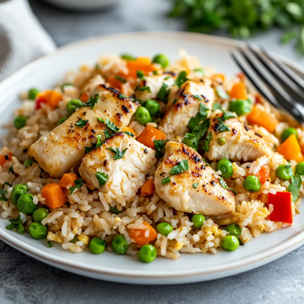 A plate of chicken fried rice with peas and carrots.