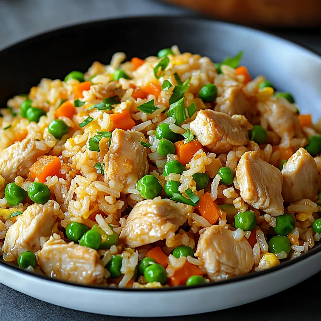 A bowl of chicken fried rice.