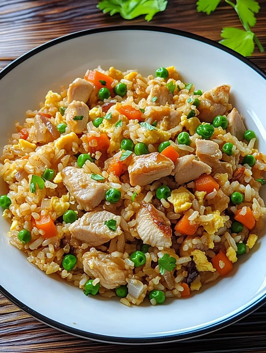 A bowl of chicken fried rice.