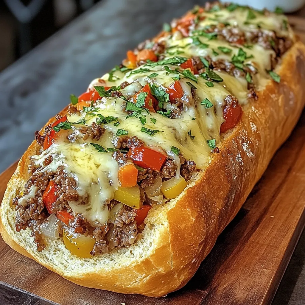 A cheesesteak-stuffed garlic bread loaf.