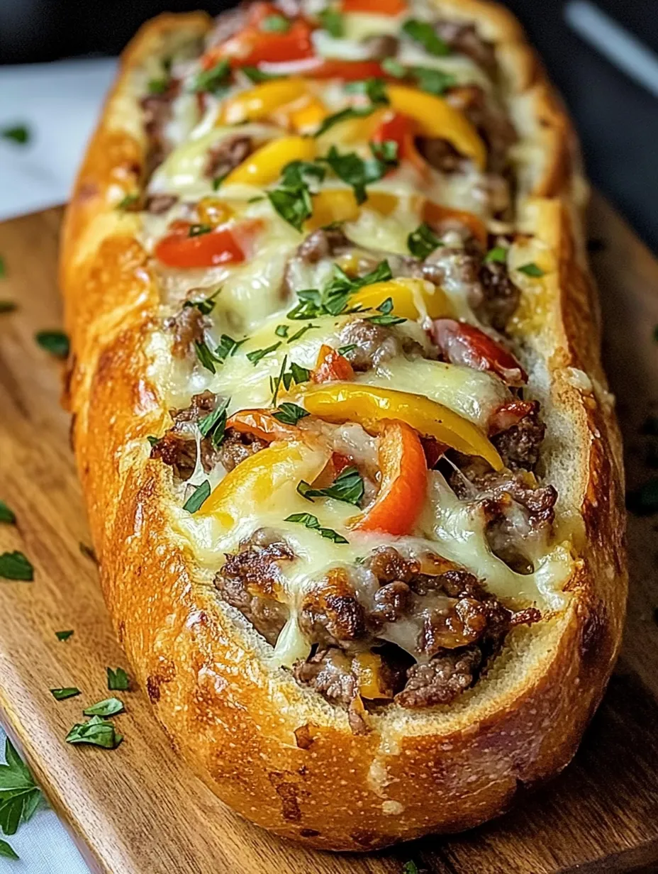 A cheesesteak-stuffed garlic bread loaf.