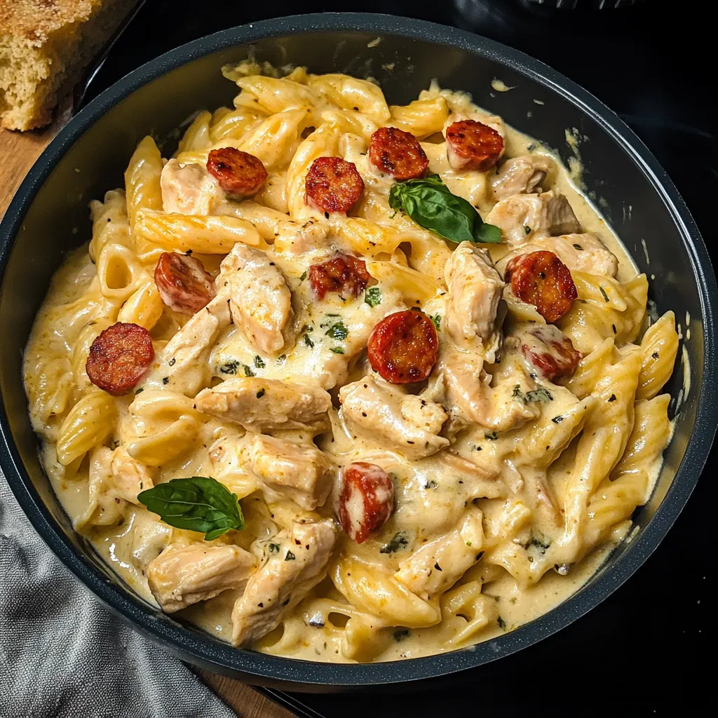A bowl of creamy pepper jack chicken and sausage pasta.