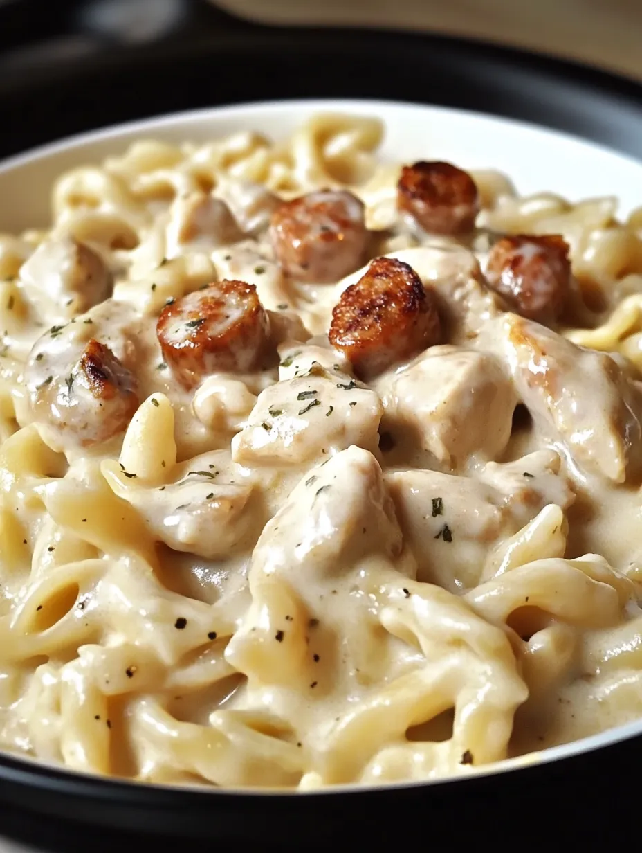 A bowl of creamy pepper jack chicken and sausage pasta.