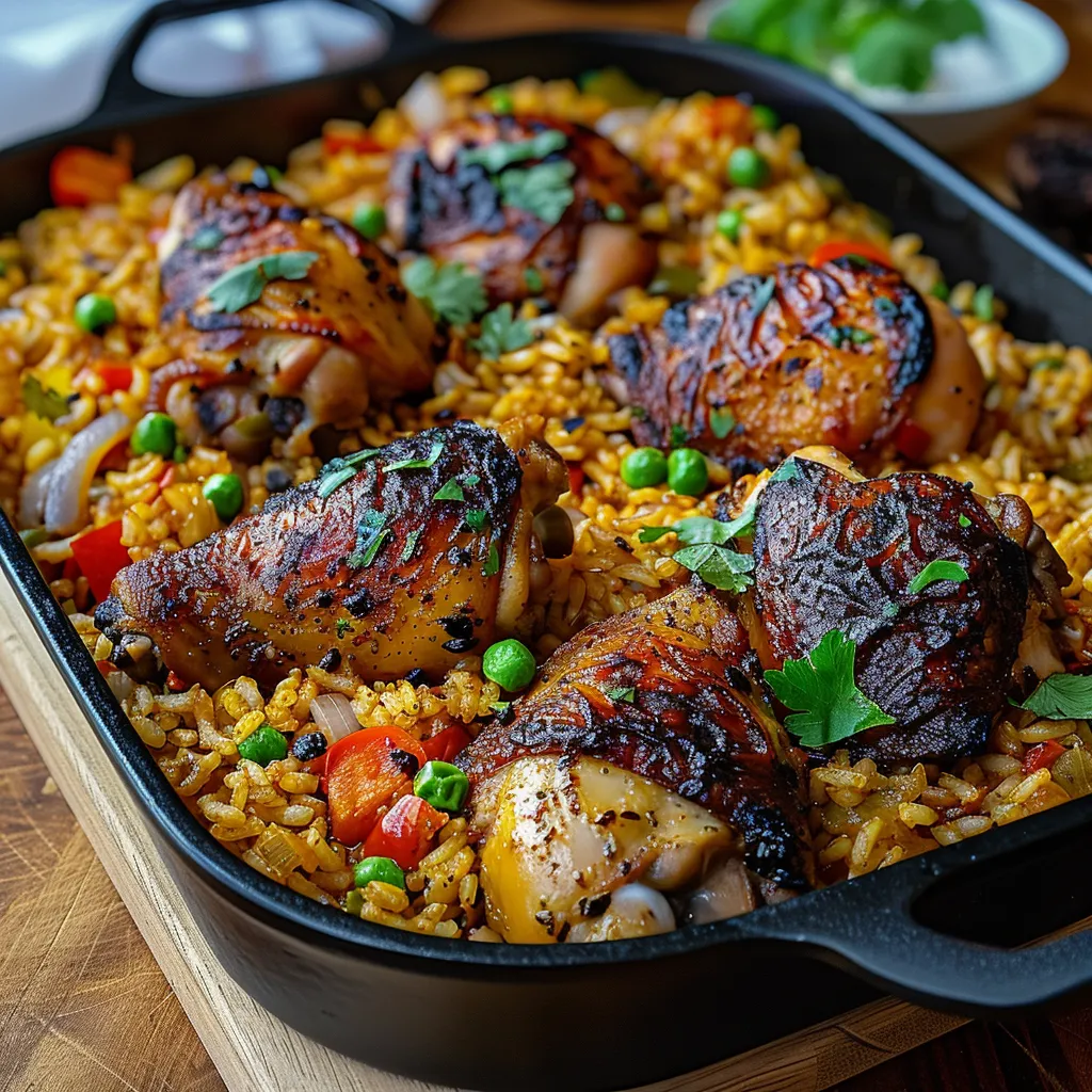 A pan of food with rice and peppers.