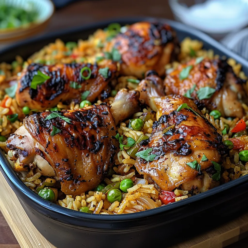 A pan of rice with chicken and peas.