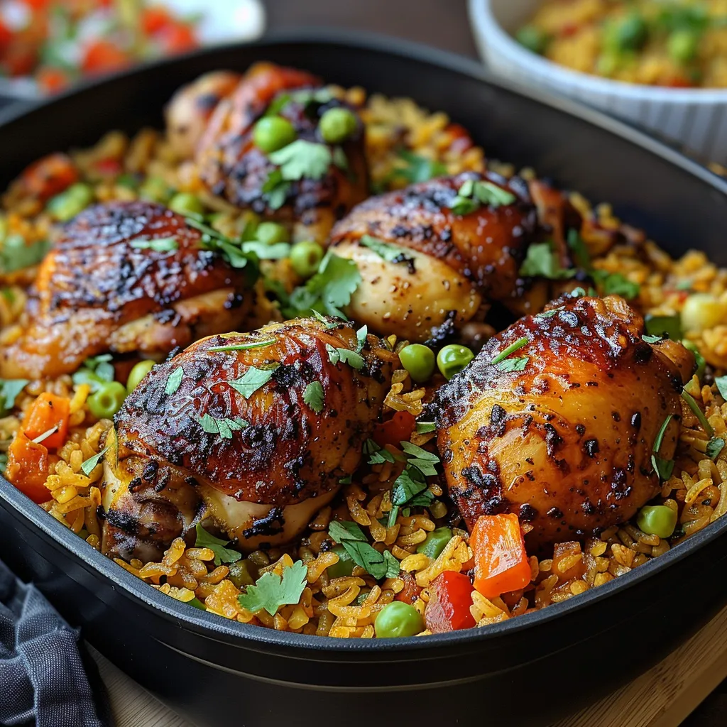 A pan of rice with chicken and peas.