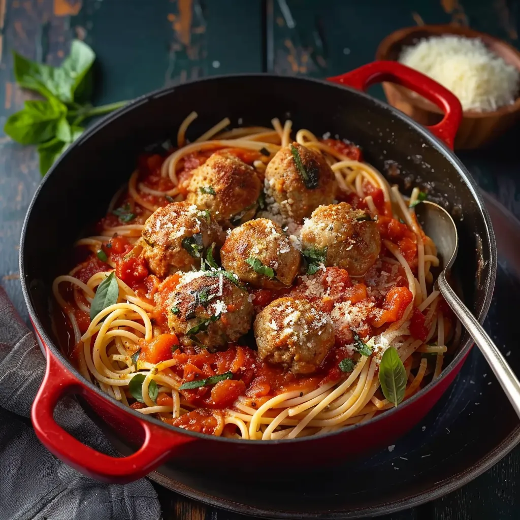 A bowl of spaghetti with meatballs and sauce.
