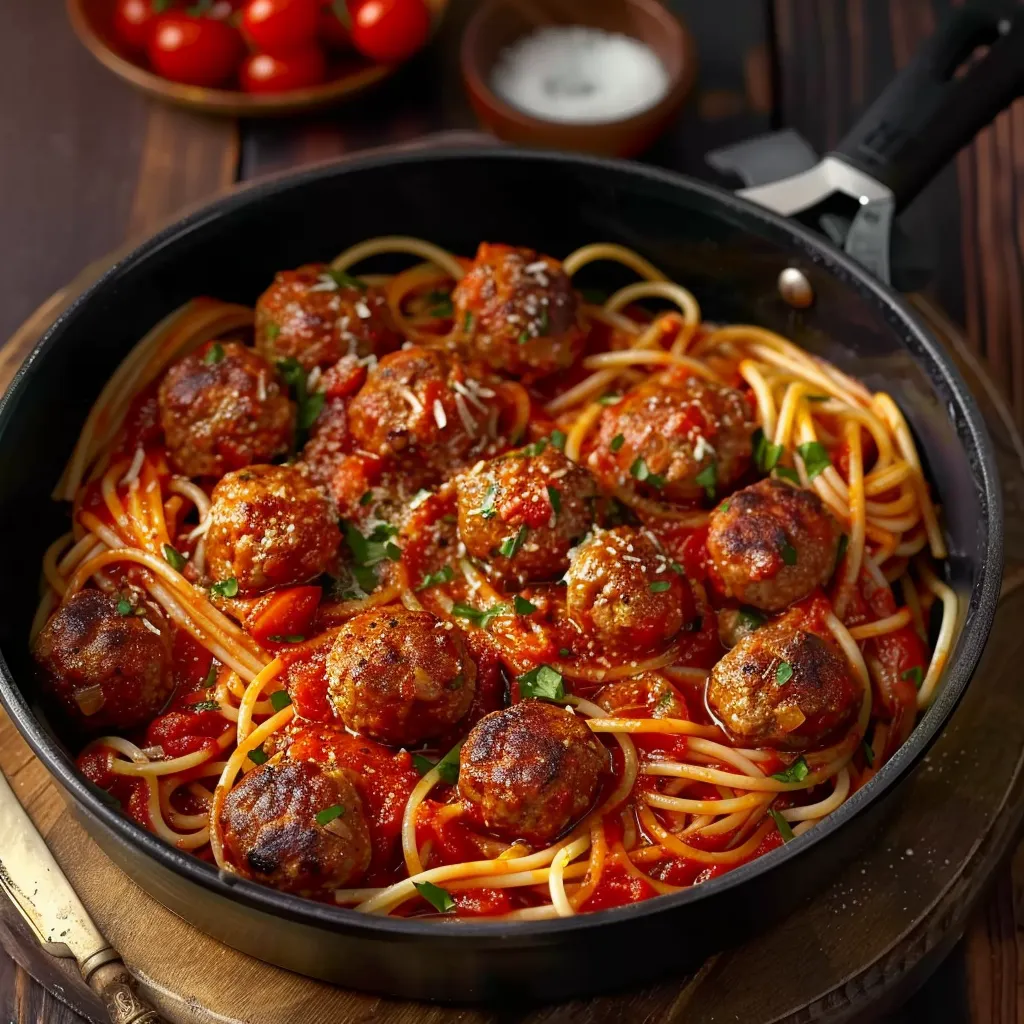 A bowl of spaghetti with meatballs and tomatoes.