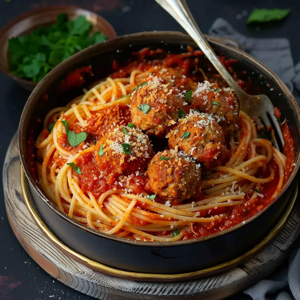 A bowl of spaghetti with meatballs.