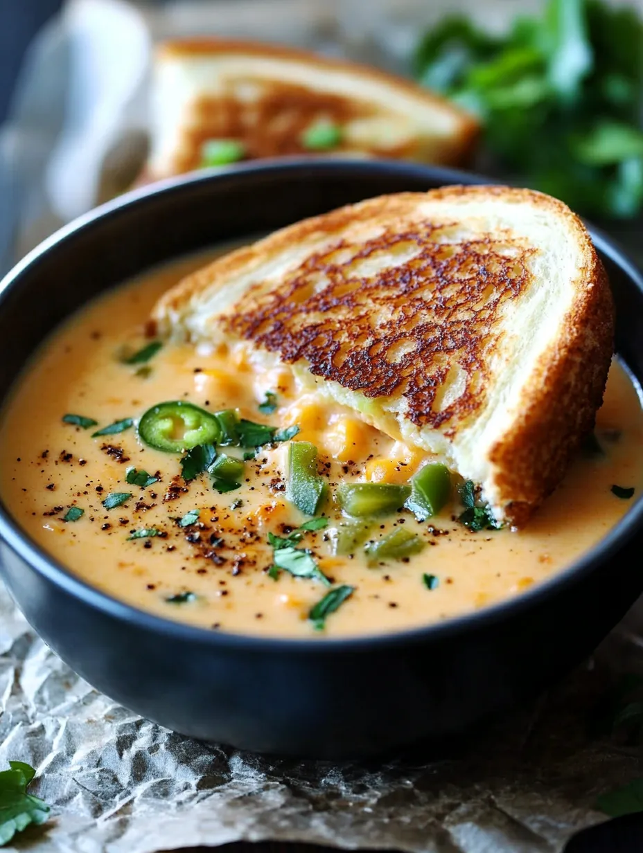 A bowl of spicy jalapeño popper soup with grilled cheese dippers.