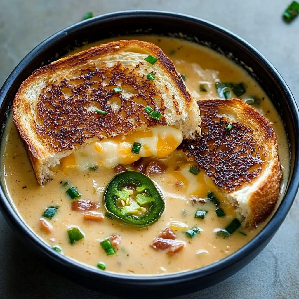 A bowl of spicy jalapeño popper soup with grilled cheese dippers.