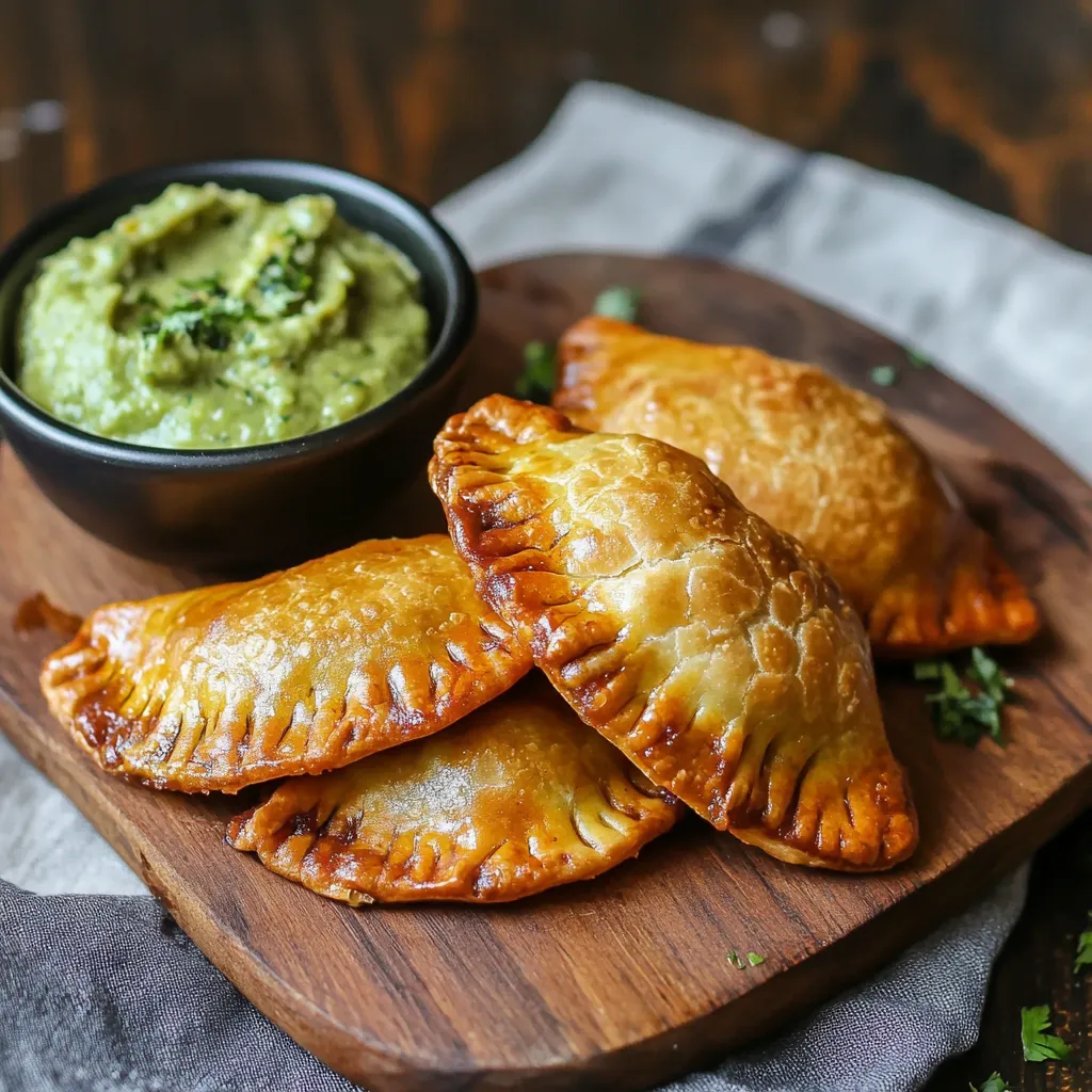 A bowl of guacamole sits next to three empanadas.