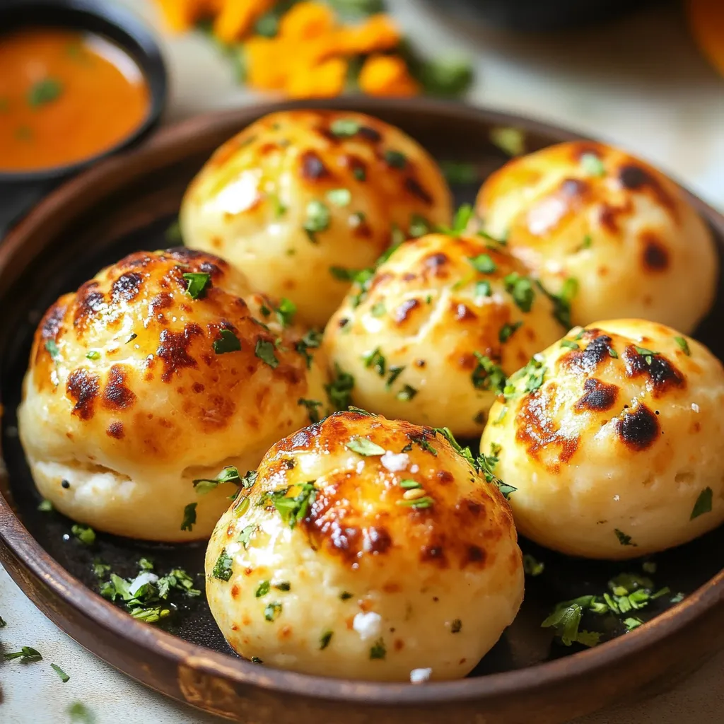 A plate of cheese balls with a bowl of sauce.