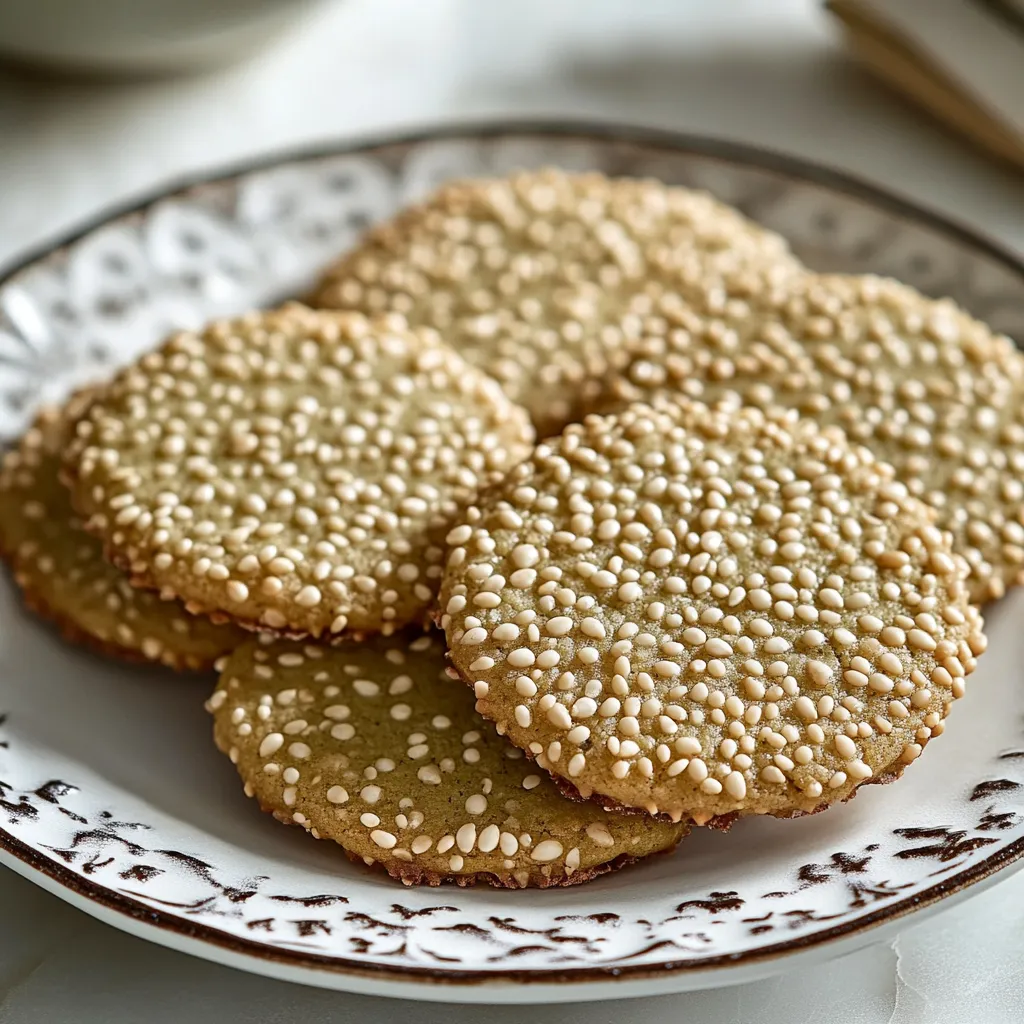 A plate of cookies with sesame seeds on top.