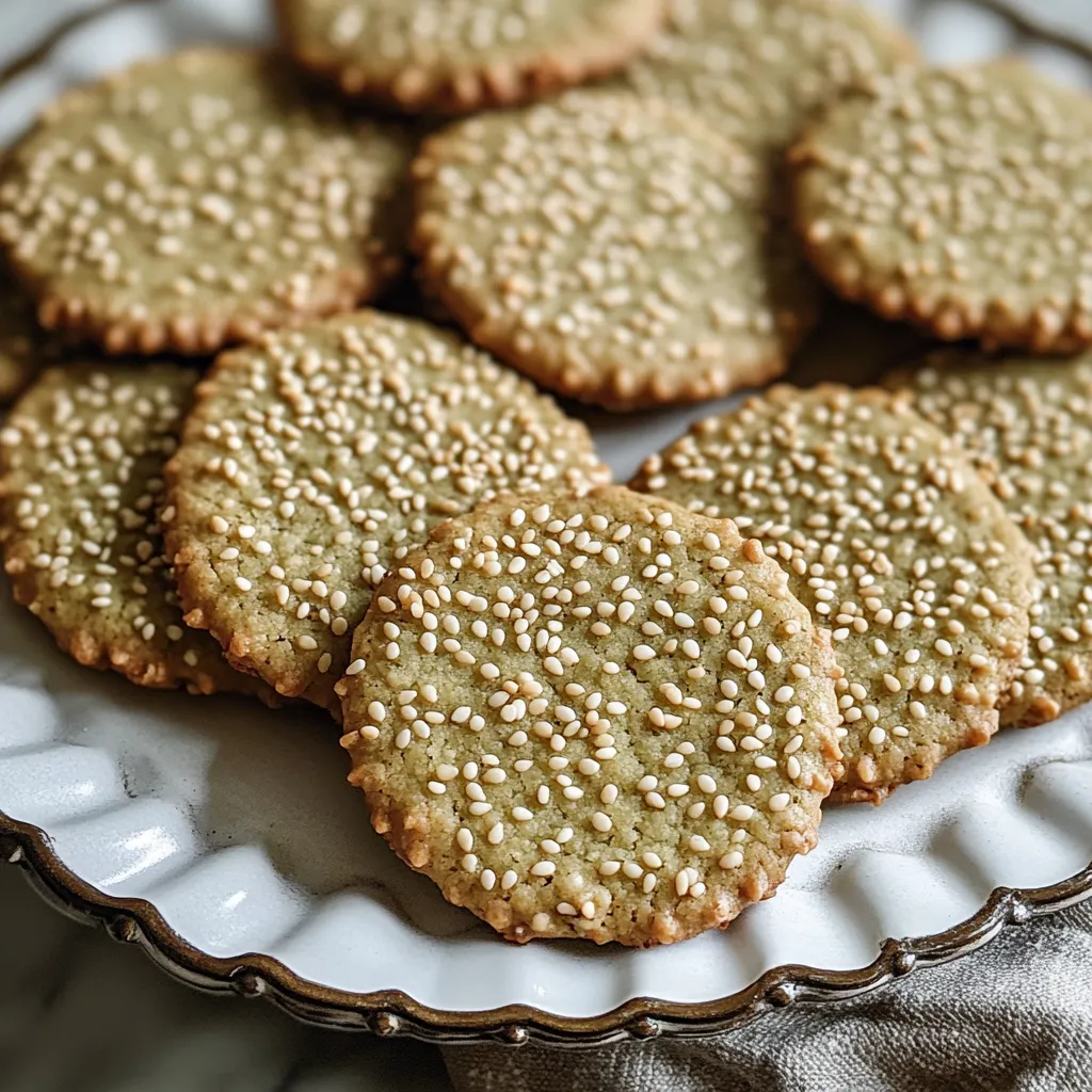 A plate of cookies with sesame seeds.