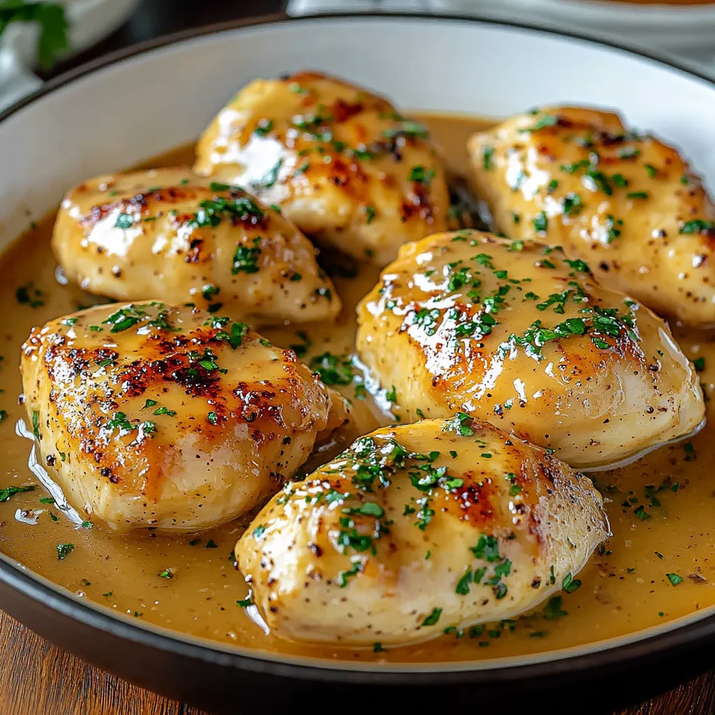 A plate of chicken with butter sauce.