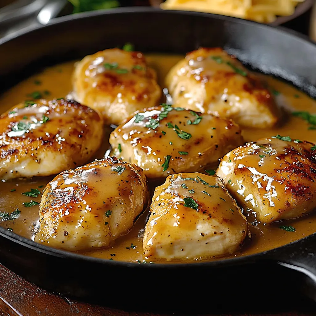 A skillet of chicken with a sauce.