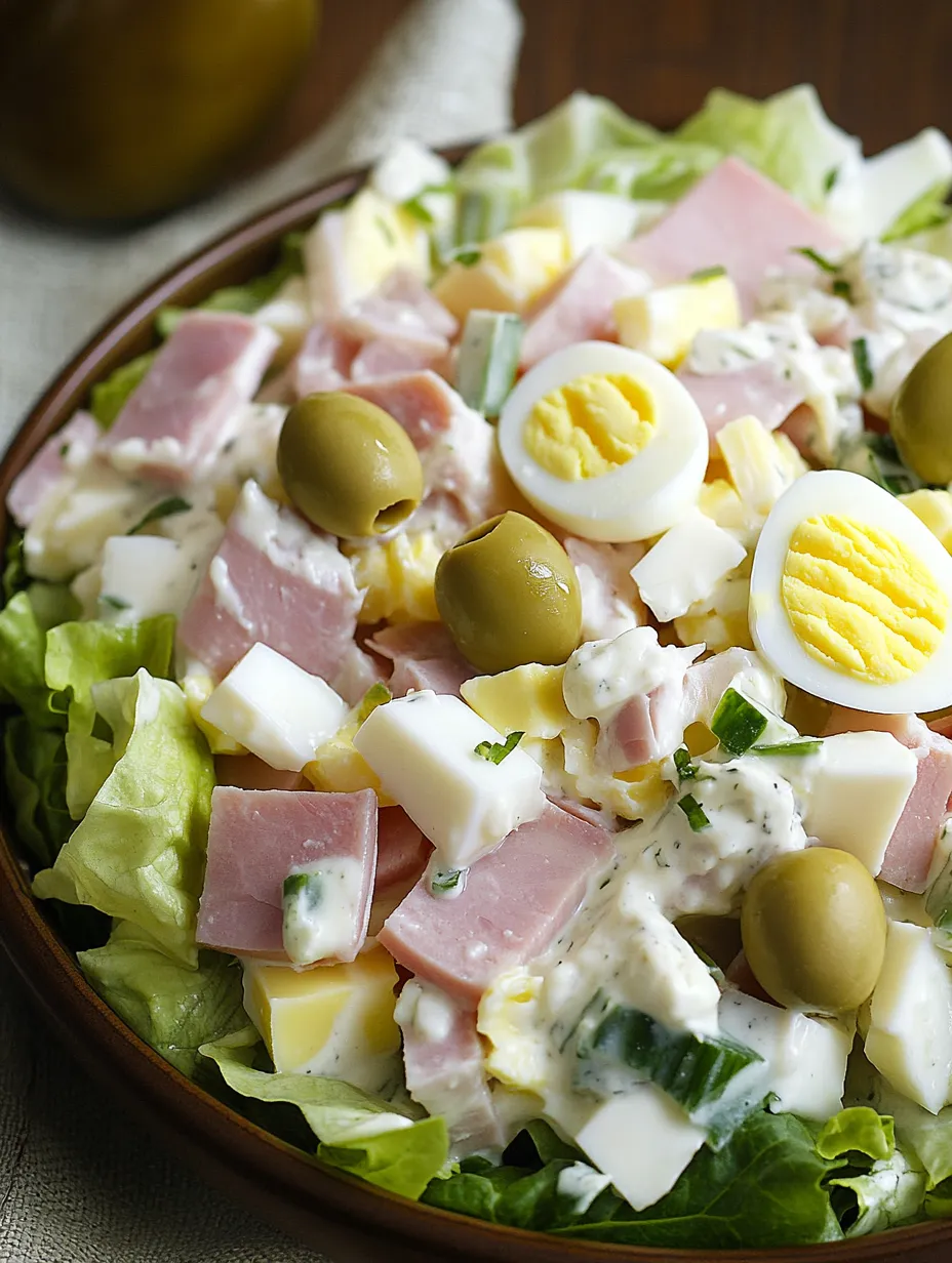 A salad with ham, eggs, and olives.