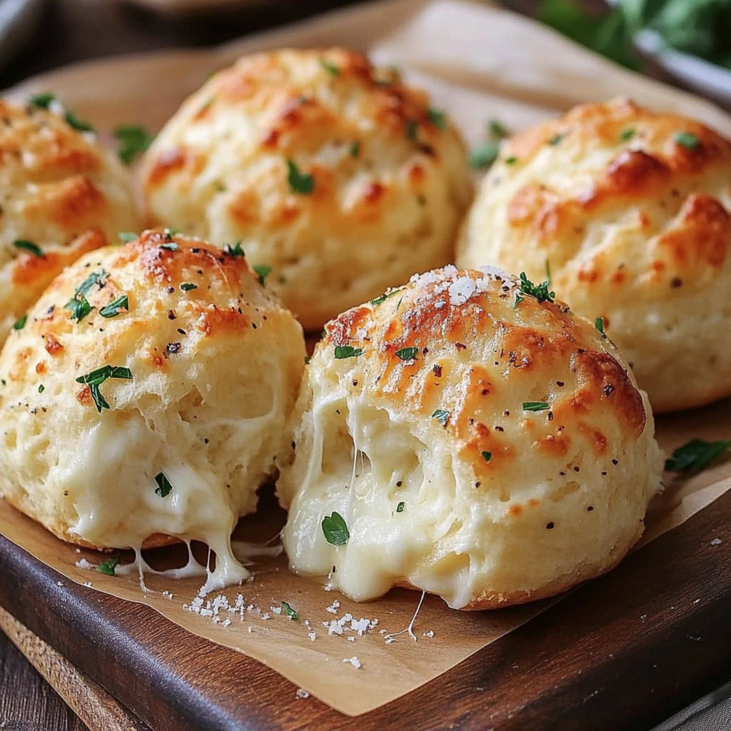 Gooey mozzarella biscuit bombs on a wooden board.