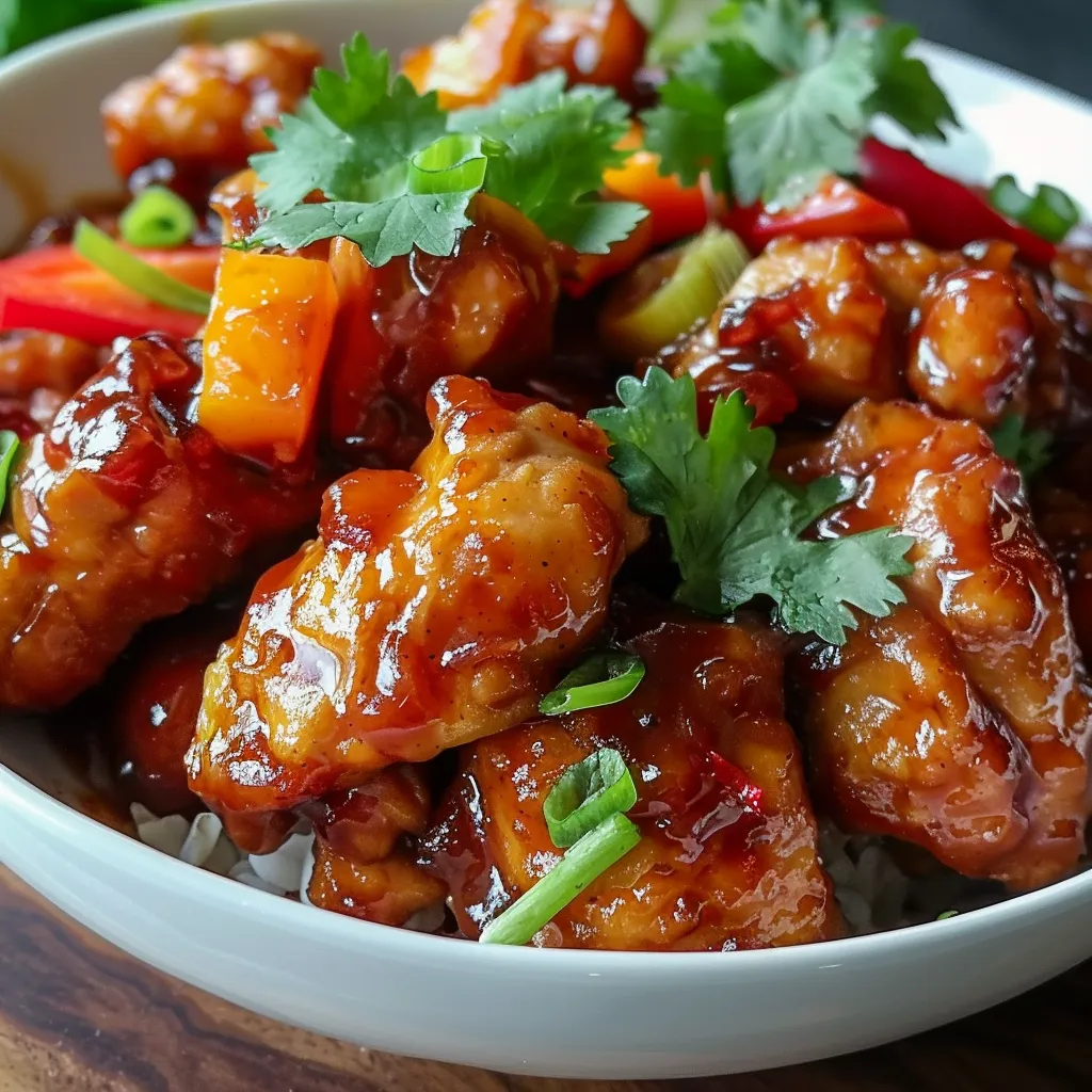 A bowl of sweet Hawaiian chicken with rice and vegetables.