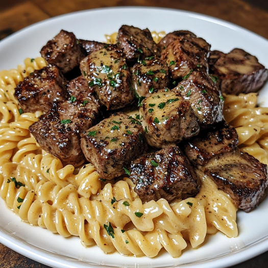 A plate of garlic butter steak bites and pasta.