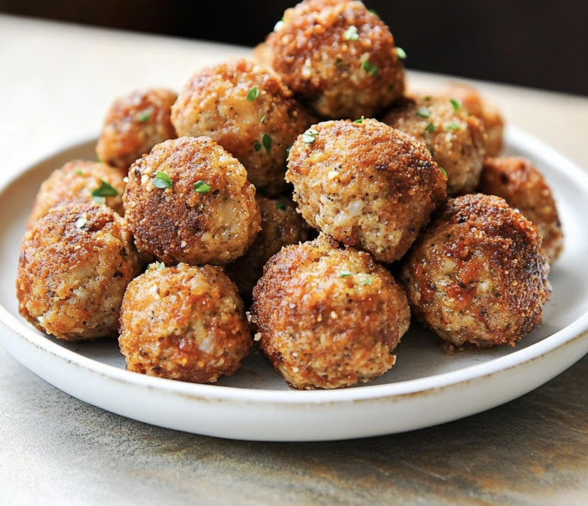 A plate of meatballs with green toppings.