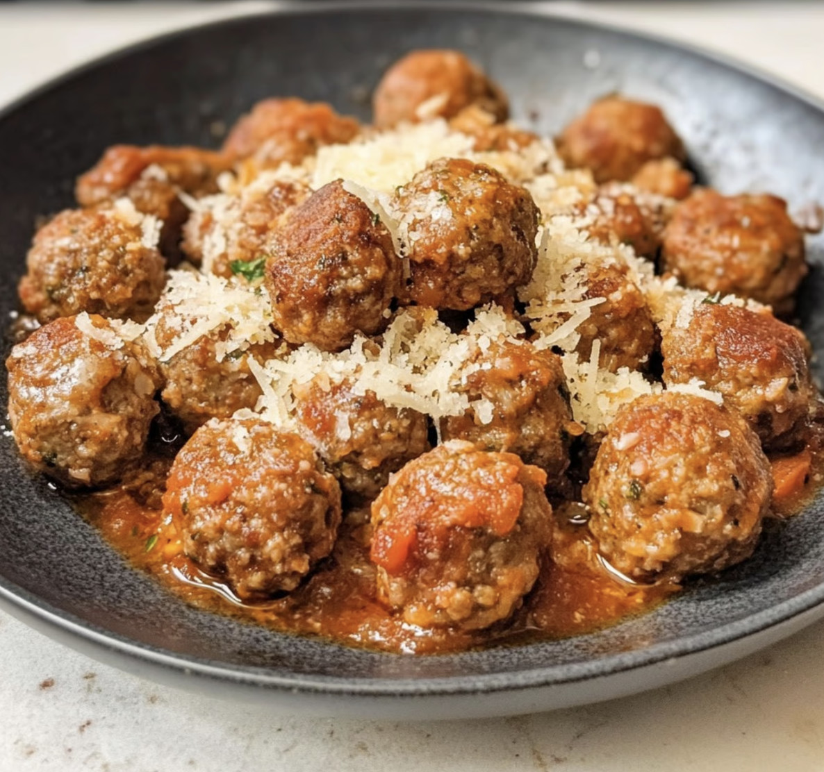 A plate of meatballs covered in cheese.