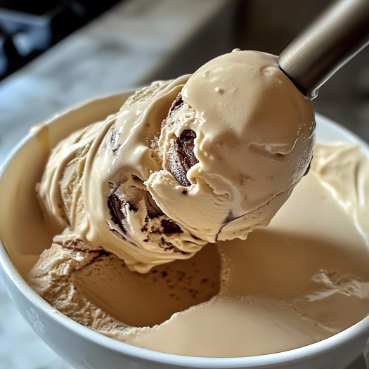 A scoop of homemade coffee ice cream.