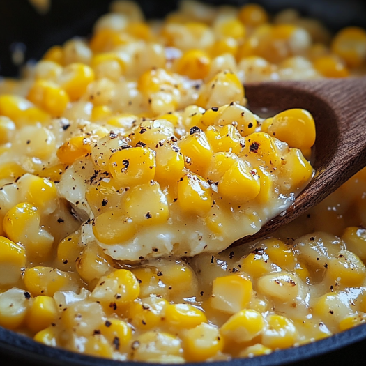 A wooden spoon is in a skillet with corn and butter.