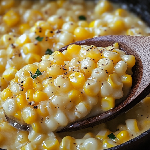 A wooden spoon in a bowl of corn.