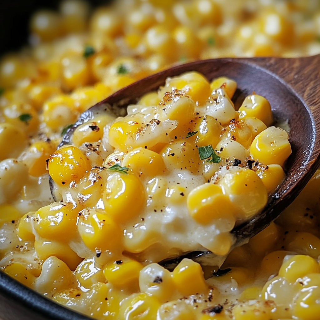 A wooden spoon is in a bowl of corn.
