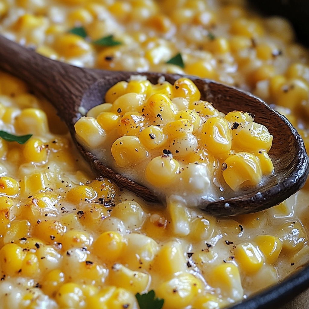 A wooden spoon in a skillet of corn.