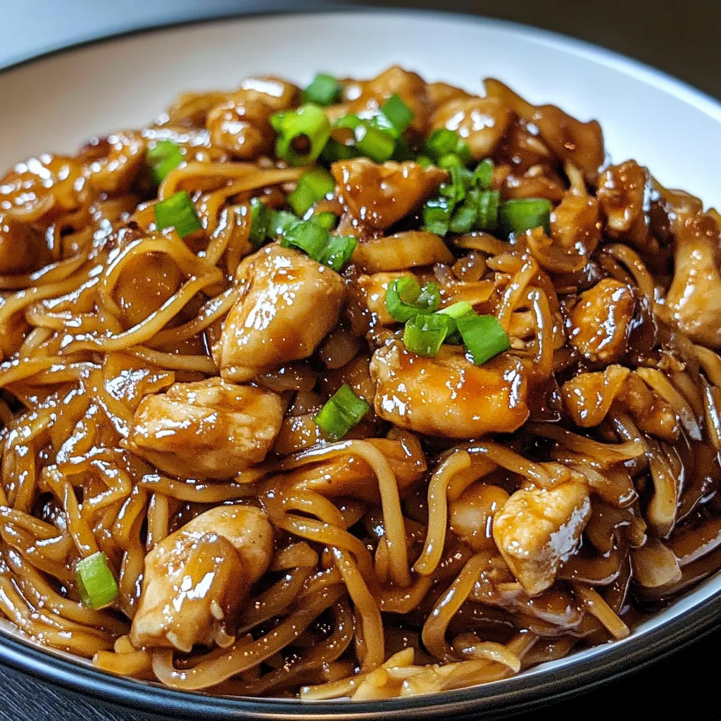 A plate of garlic chicken lo mein.