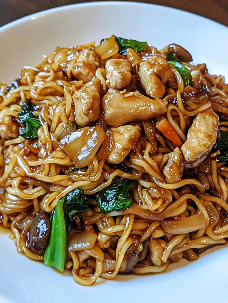 A plate of garlic chicken lo mein.
