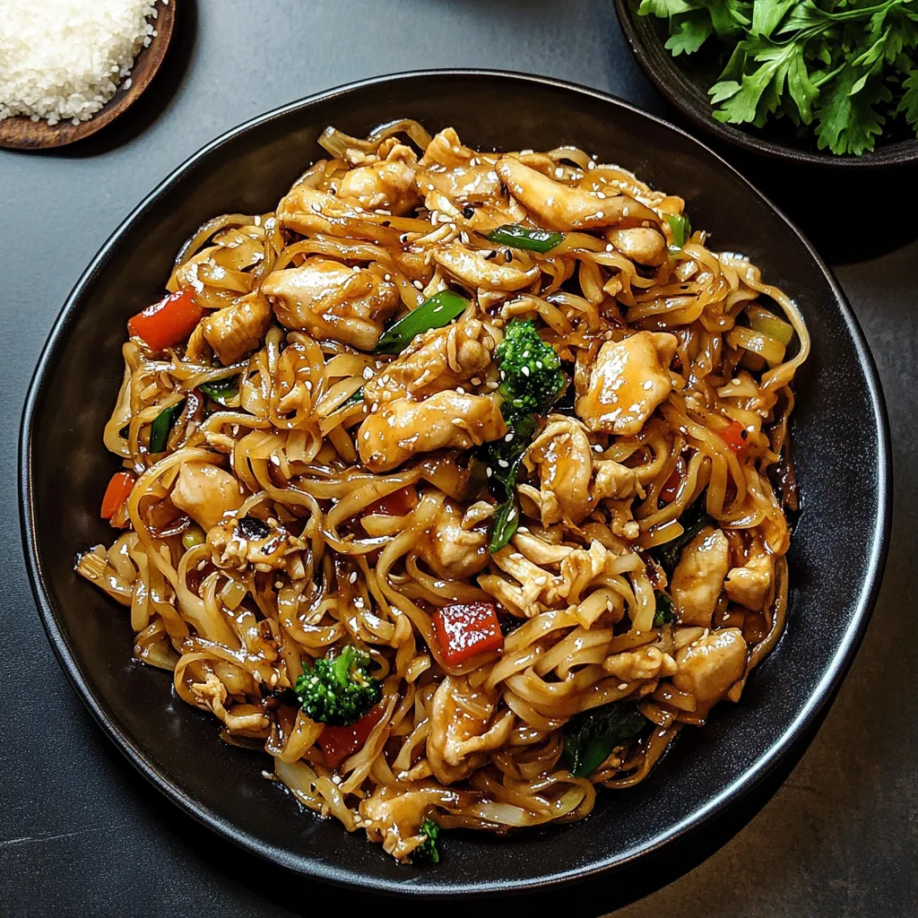 A bowl of garlic chicken lo mein.