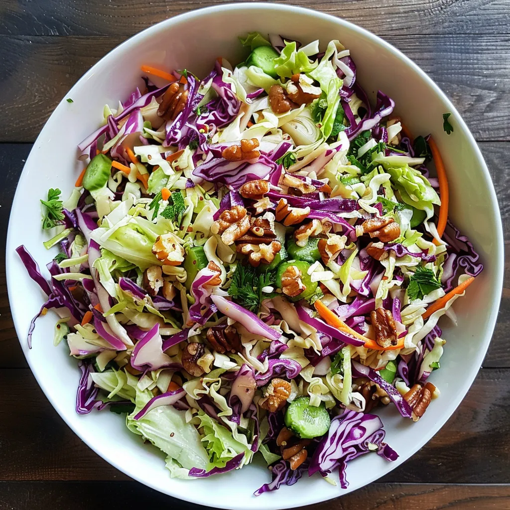 A white bowl filled with a salad of cabbage and other vegetables.