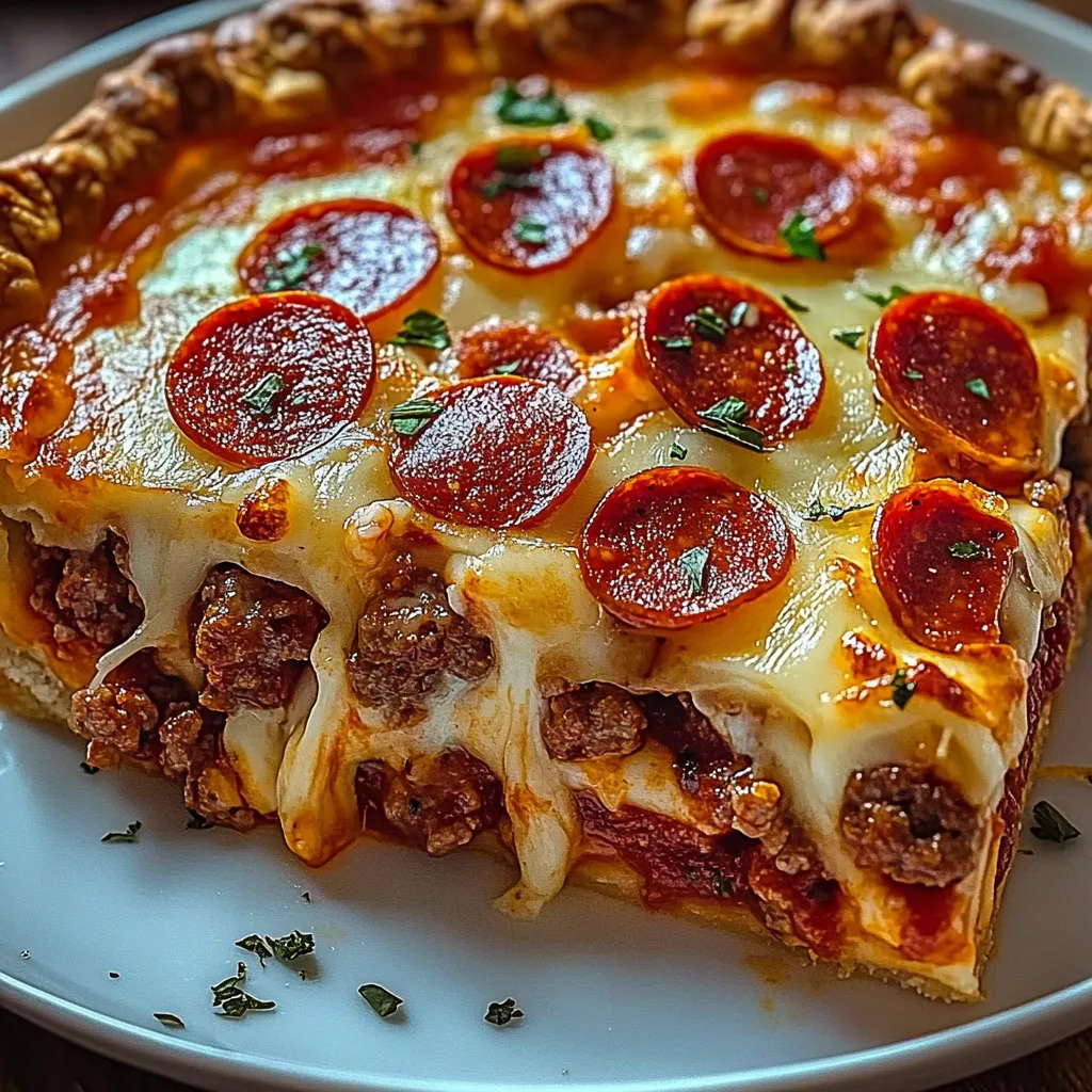 A gooey pepperoni pie slice sits on a white plate.