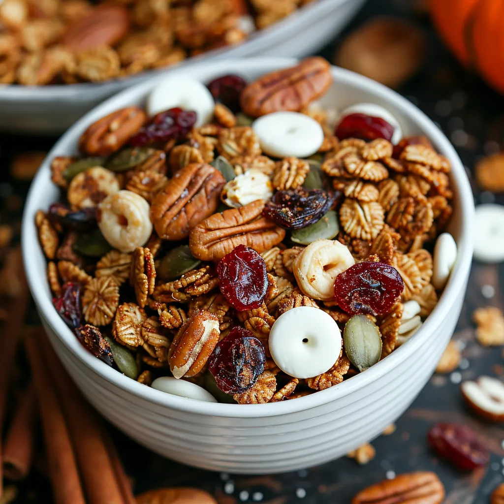 A bowl of granola with nuts and raisins.