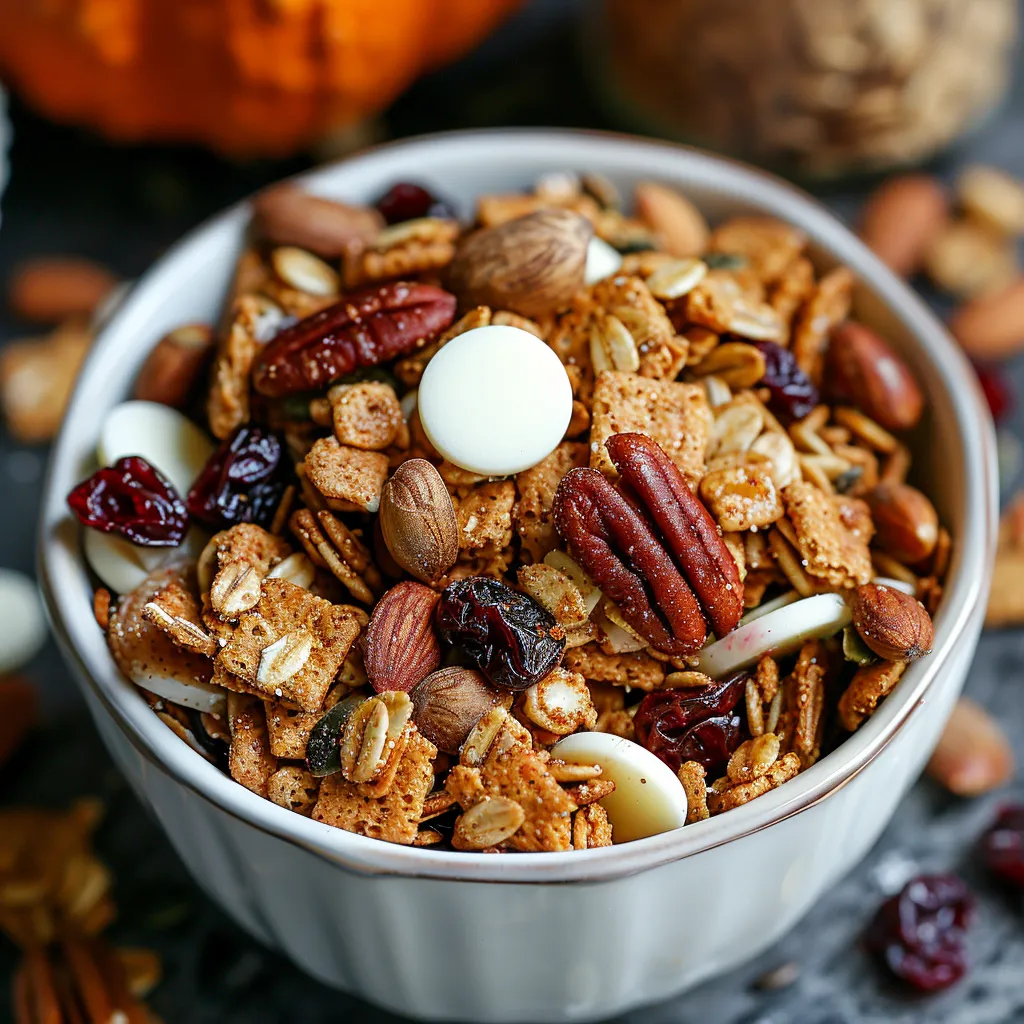A bowl of granola with nuts and raisins.