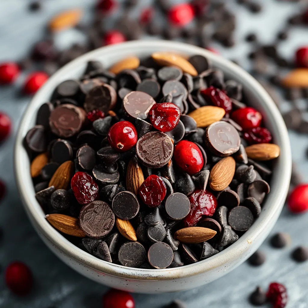 A bowl of chocolate chips and red berries.