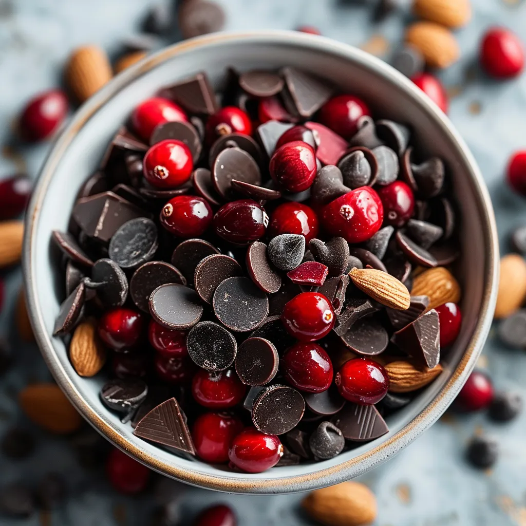 A bowl of chocolate chips and red berries.