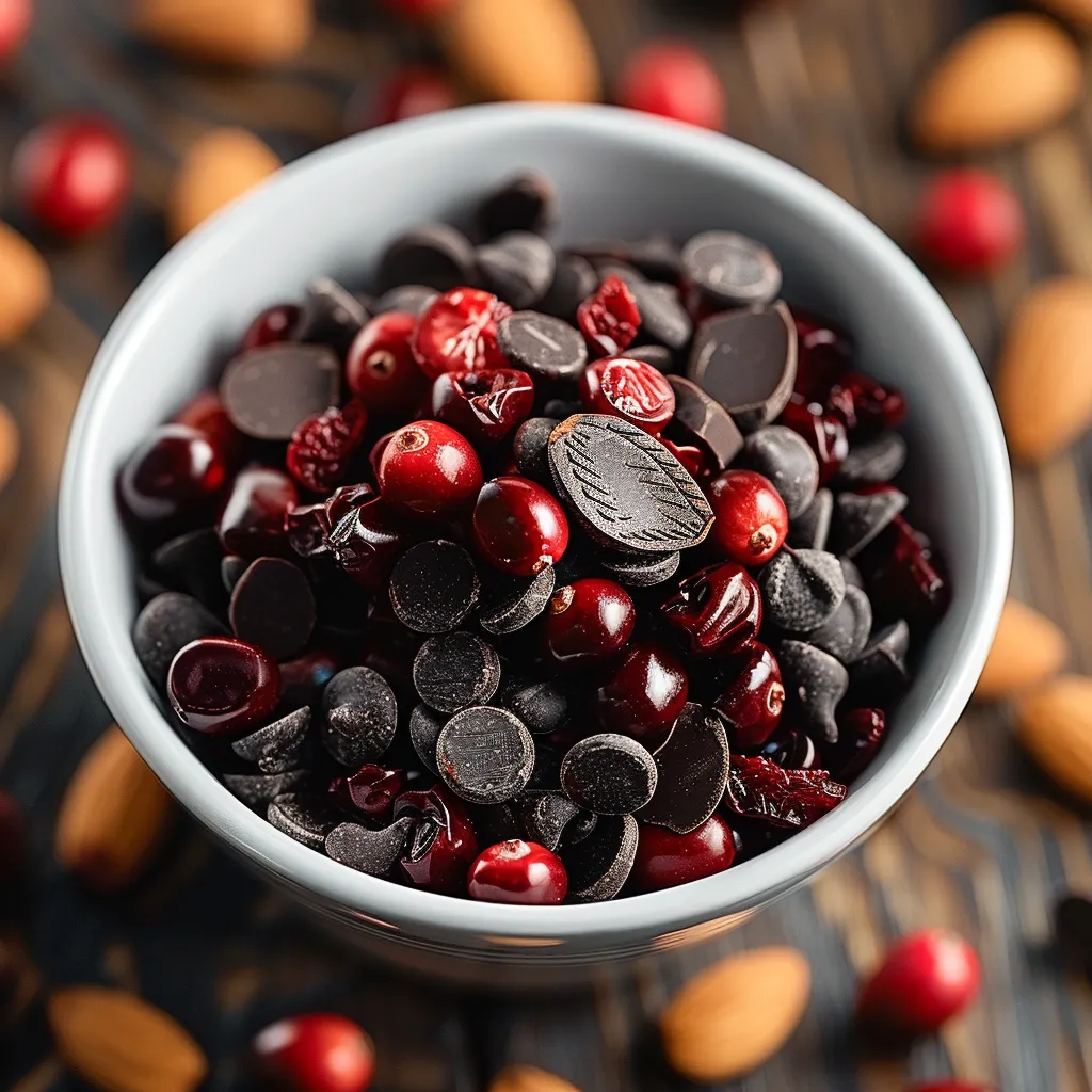 A bowl of chocolate chips and red berries.