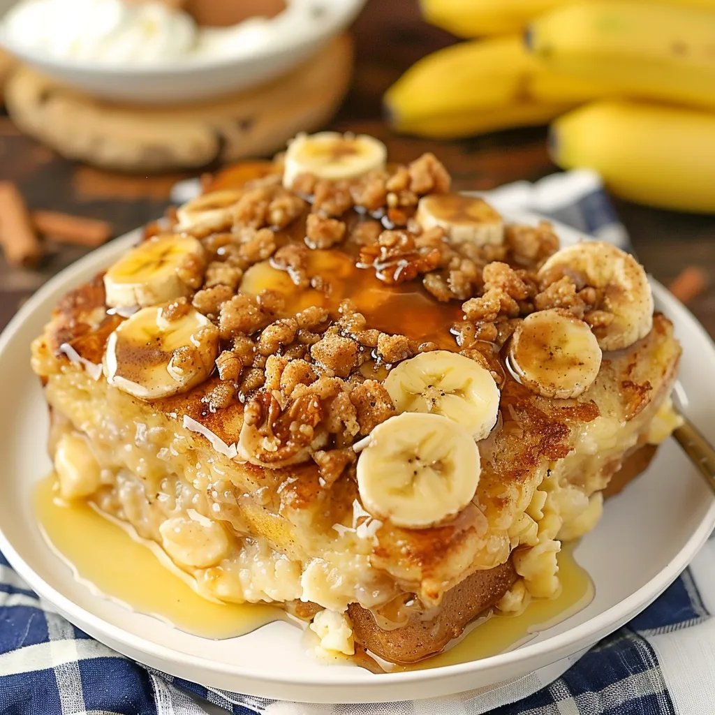 A plate of banana bread with bananas on top.