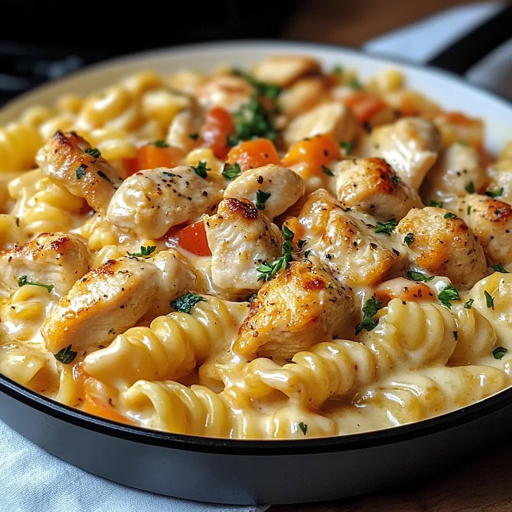 A plate of chicken rotini with vegetables.