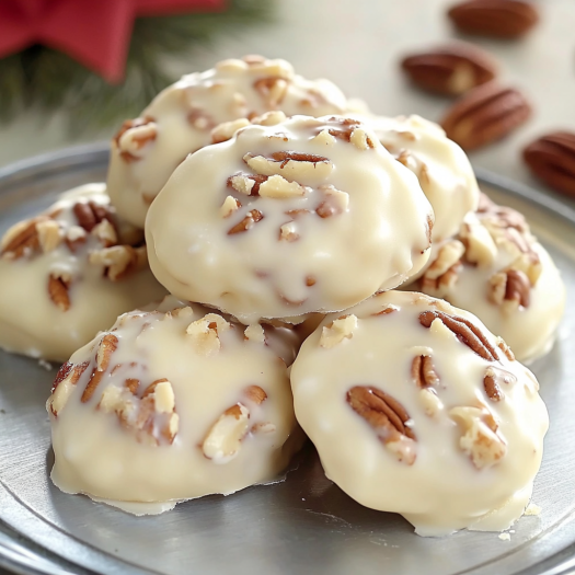 Vanilla pecan pralines on a silver platter.
