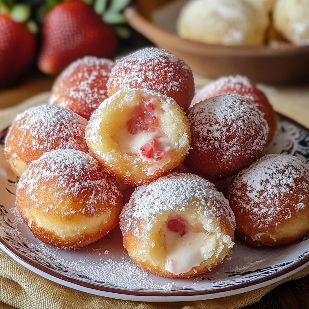 A plate of strawberry cheesecake stuffed donut holes.