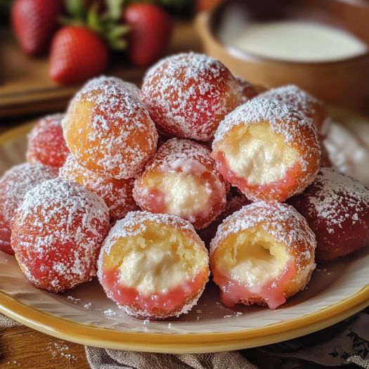 A plate of strawberry cheesecake stuffed donut holes.